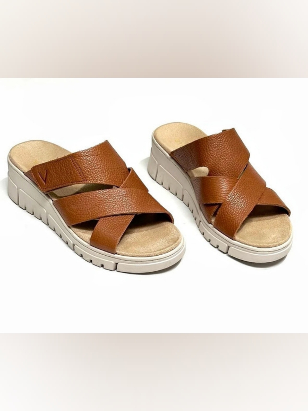 Vionic Uptown Sunset Size 7.5 Tan Brown Leather Wedge Slide Sandals Cross Strap